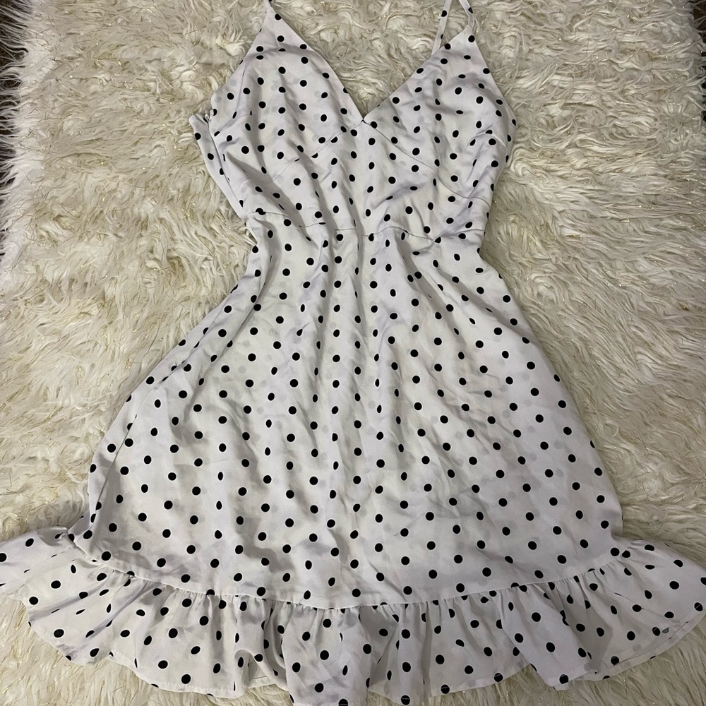 White and black polkadot cami V line dress